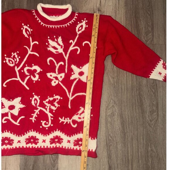Vintage Dana Scott Red & White Floral Knit Sweater L 87% Acrylic 6% Wool - Picture 8 of 8